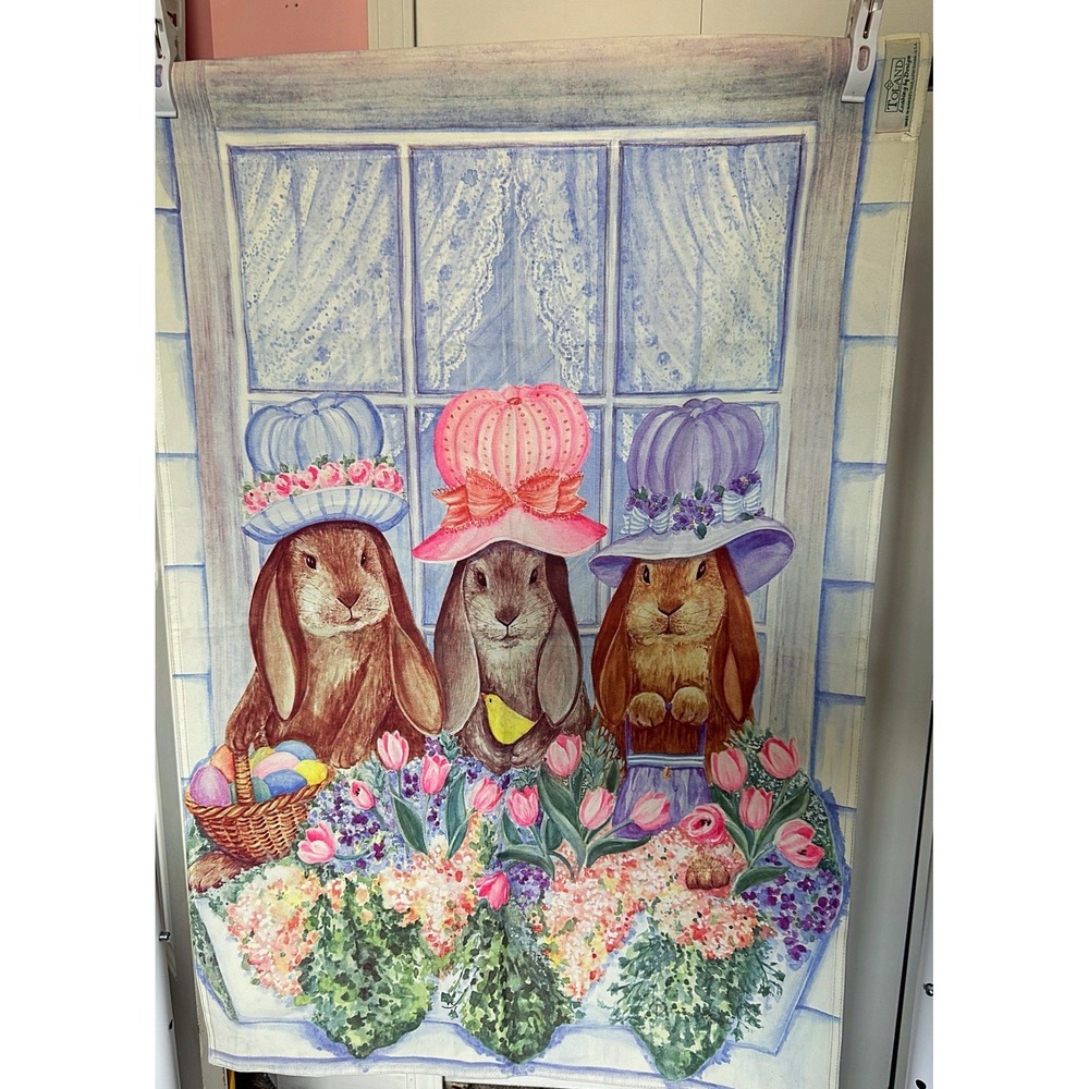 Toland Easter Bunnies With Bonnets & Flowers Flag. 24" W By 35" L